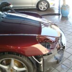 Before and after photographs of a damaged Porsche that was repaired by Elite Paint & Body Shop in West Palm Beach, Florida.